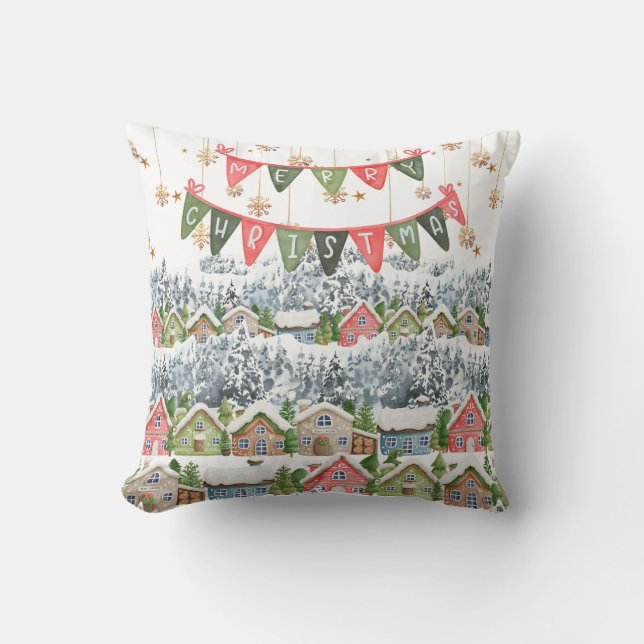 Cute Snowy Christmas Village Throw Pillow (Front)