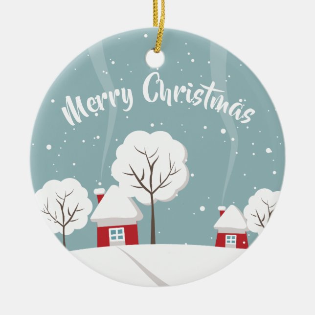 Cute Snowy Houses and Trees Christmas Ceramic Ornament (Front)
