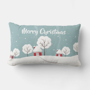 Cute Snowy Houses and Trees Christmas Lumbar Pillow