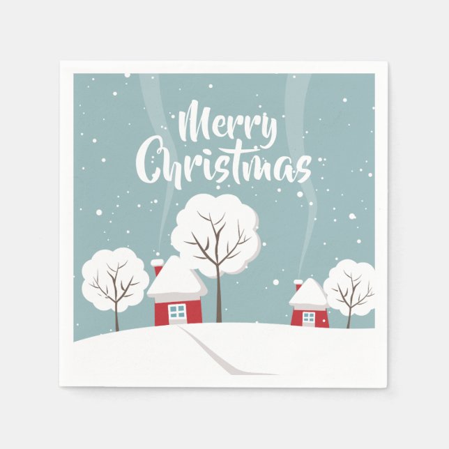 Cute Snowy Houses and Trees Christmas Napkin (Front)