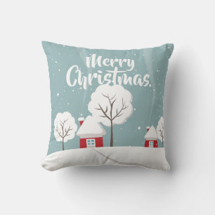 Cute Snowy Houses and Trees Christmas Throw Pillow