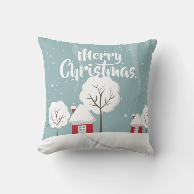 Cute Snowy Houses and Trees Christmas Throw Pillow (Front)