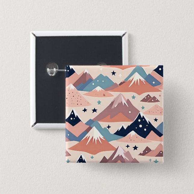Cute snowy mountains and stars pattern pink 2 inch square button (Front & Back)