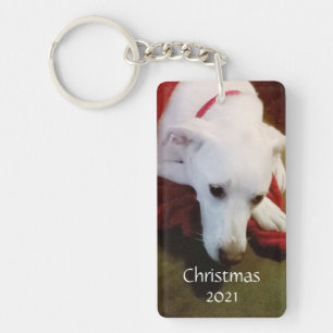 Cute Snowy White Puppy Christmas Red Keychain