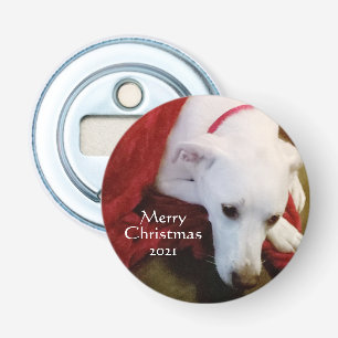 Cute Snowy White Puppy Dog Red Christmas  Bottle Opener