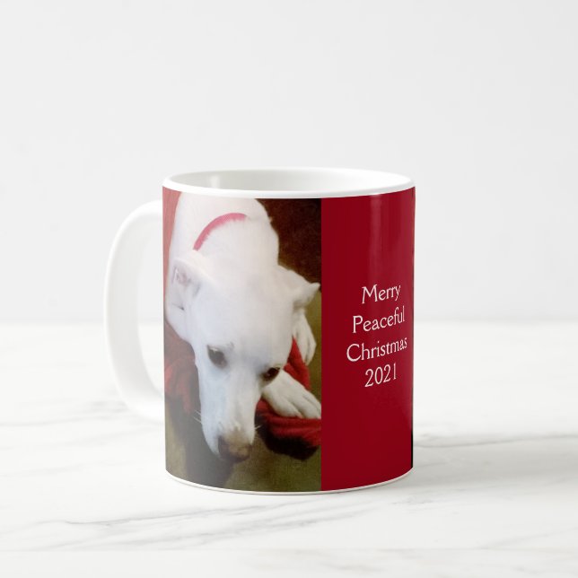 Cute Snowy White Puppy Dog Red Christmas Coffee Mug (Front Left)