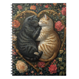 CUTE SNUGGLING CATS IN FLORAL HEART NOTEBOOK