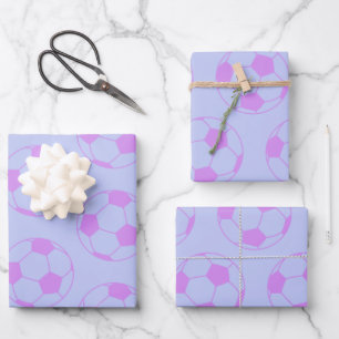 Cute Soccer Ball Pattern in Purple and Blue Wrapping Paper Sheet