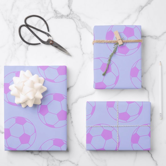 Cute Soccer Ball Pattern in Purple and Blue Wrapping Paper Sheet (Front)