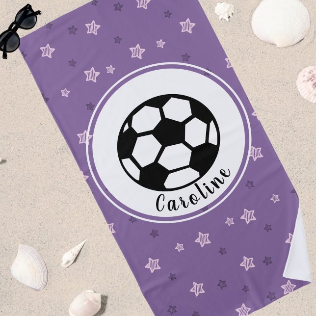 Cute Soccer Ball Purple Girl's Name Custom Beach Towel (Creator Uploaded)