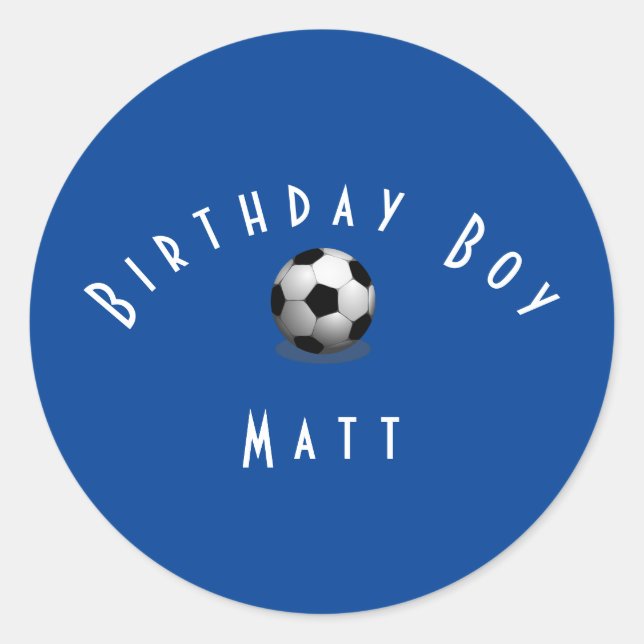 Cute Soccer Birthday Boy Blue and White Classic Round Sticker (Front)