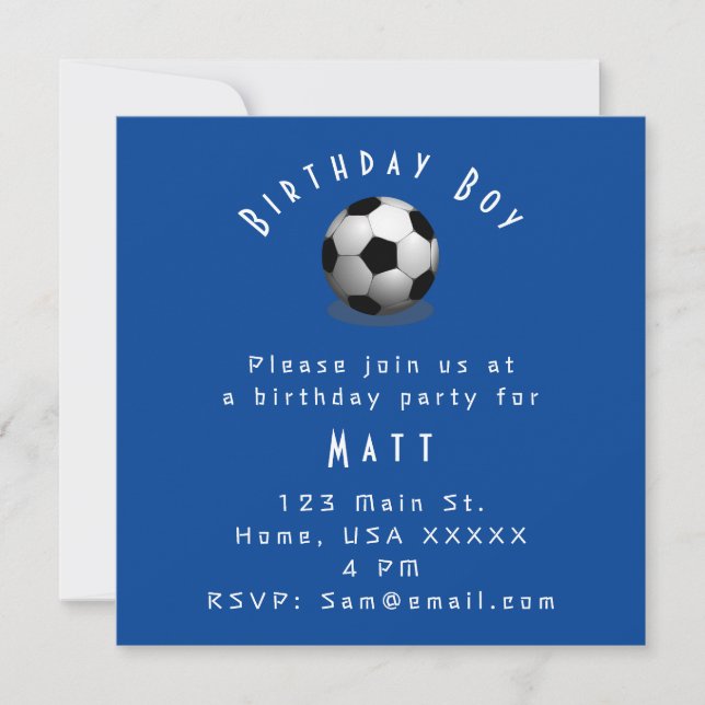 Cute Soccer Birthday Boy Blue and White Invitation (Front)