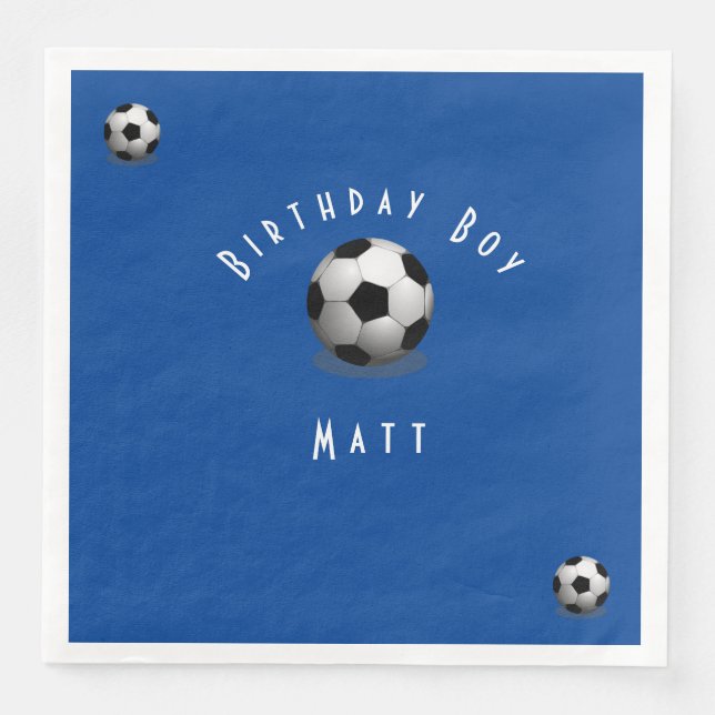 Cute Soccer Birthday Boy Blue and White Napkin (Front)