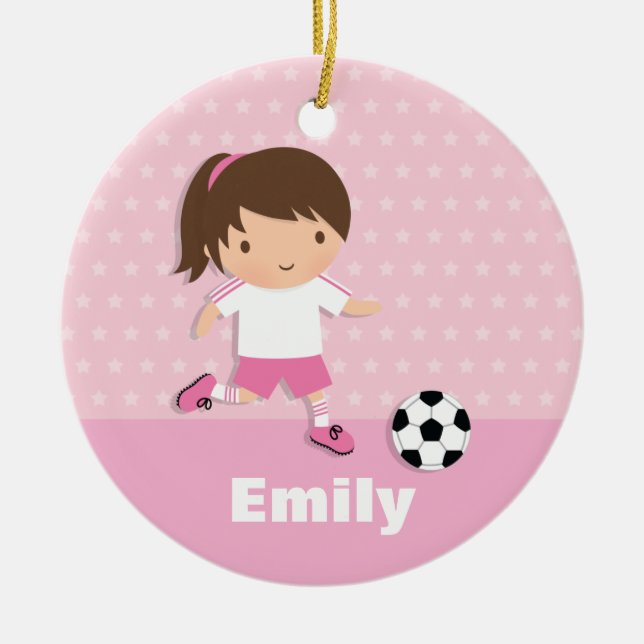 Cute Soccer Footballer Girl Pink Personalized Ceramic Ornament (Front)