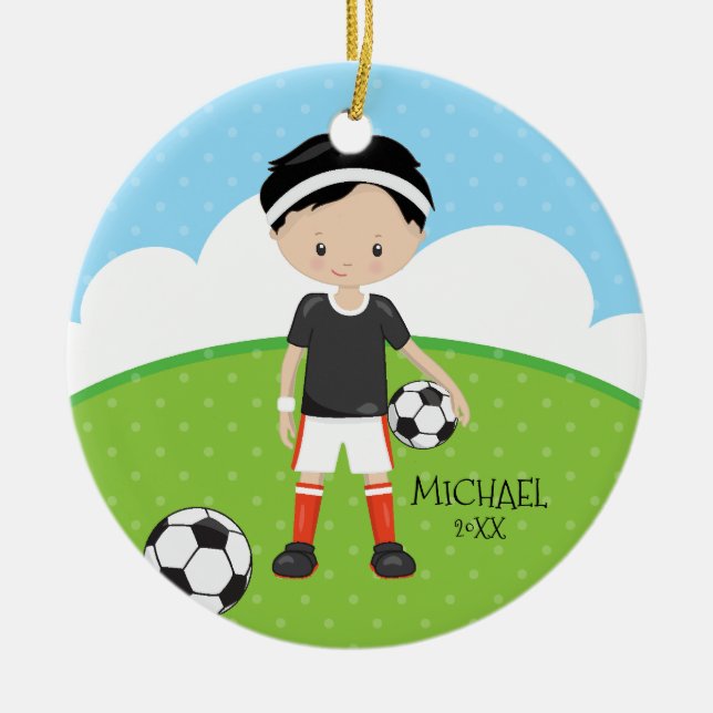 Cute Soccer Player Personalized Dated Christmas Ceramic Ornament (Front)