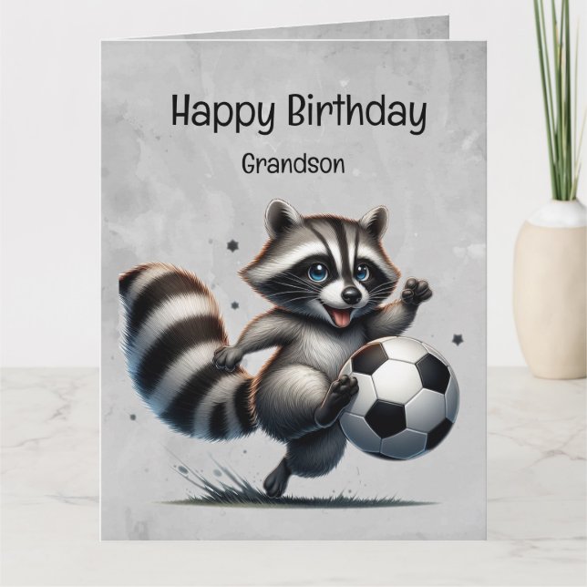 Cute Soccer Player Raccoon Grandson Birthday Card (Front)
