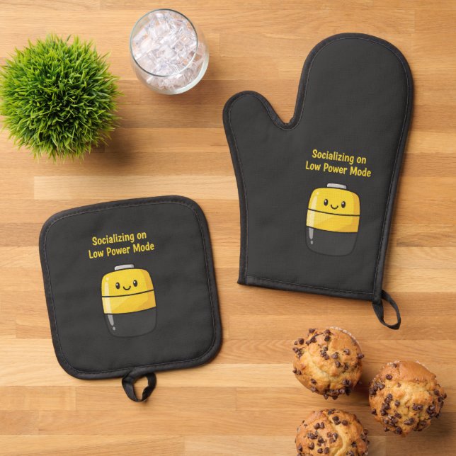 Cute Social Battery "Socializing on Low Power Mode Oven Mitt & Pot Holder Set (Top Down)
