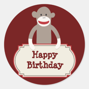 Cute Sock Monkey Happy Birthday Stickers