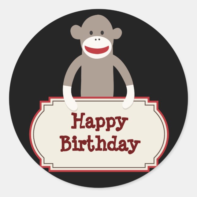 Cute Sock Monkey Happy Birthday Stickers (Front)