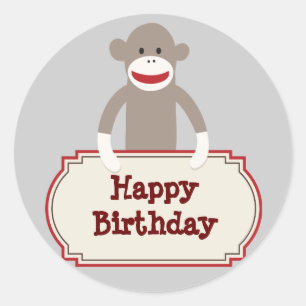 Cute Sock Monkey Happy Birthday Stickers