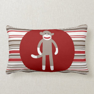 Cute Sock Monkey on Red Circle Red Brown Stripes Lumbar Pillow