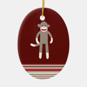Cute Sock Monkey on Red with Stripes Ceramic Ornament