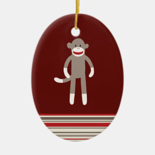 Cute Sock Monkey on Red with Stripes Ceramic Ornament