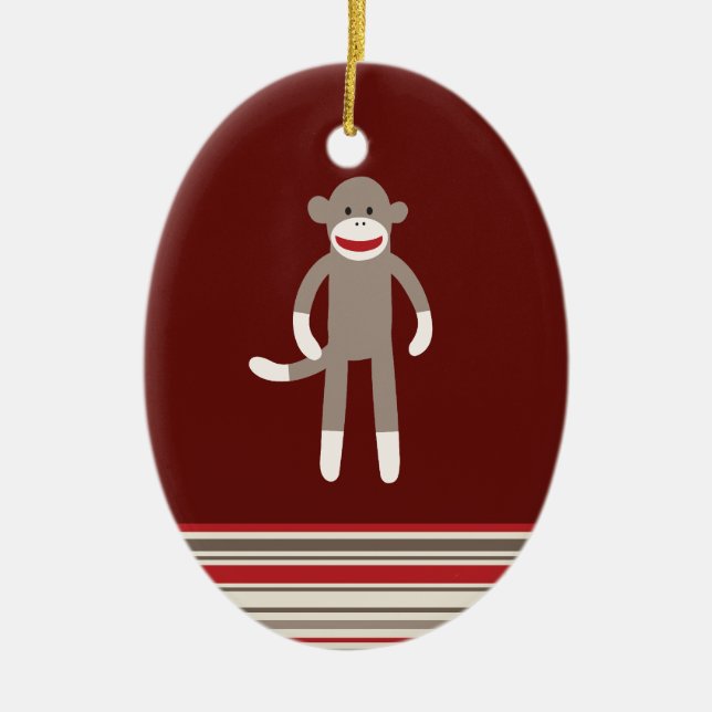 Cute Sock Monkey on Red with Stripes Ceramic Ornament (Front)
