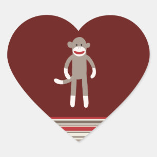 Cute Sock Monkey on Red with Stripes Heart Sticker