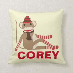 Cute Sock Monkey with Custom Name Throw Pillow