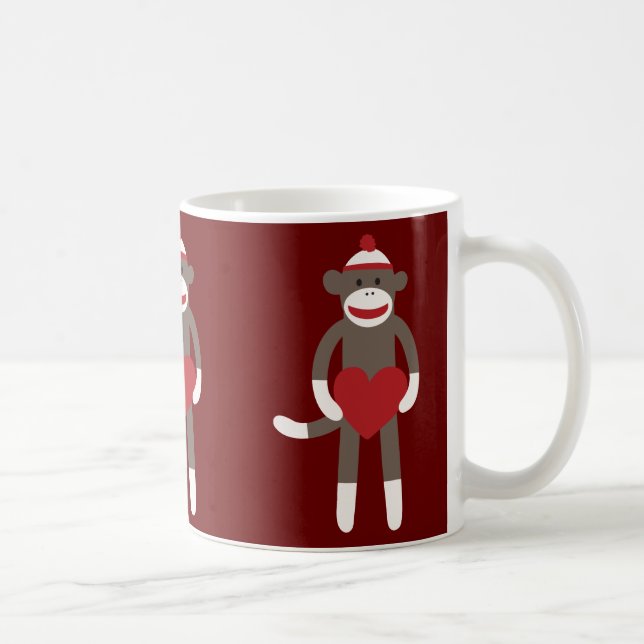 Cute Sock Monkey with Hat Holding Heart Coffee Mug (Right)