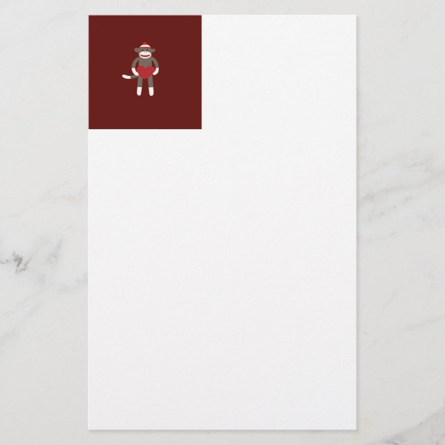 Cute Sock Monkey with Hat Holding Heart Stationery (Front)