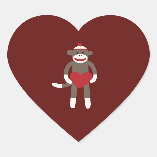 Cute Sock Monkey with Hat Holding Heart Sticker (Front)