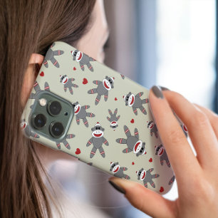 Cute Sock Monkey With Hearts Pattern on Tan Case-Mate iPhone 14 Case