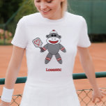 Cute Sock Monkey With Pickleball Paddle Name T-Shirt<br><div class="desc">This darling t-shirt features the most adorable sock monkey holding a pickleball paddle. As you can add a name,  this is perfect for any pickleball player to wear on the court.</div>