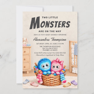 Cute Sock Monsters Boy Girl Twins Baby Shower Invitation
