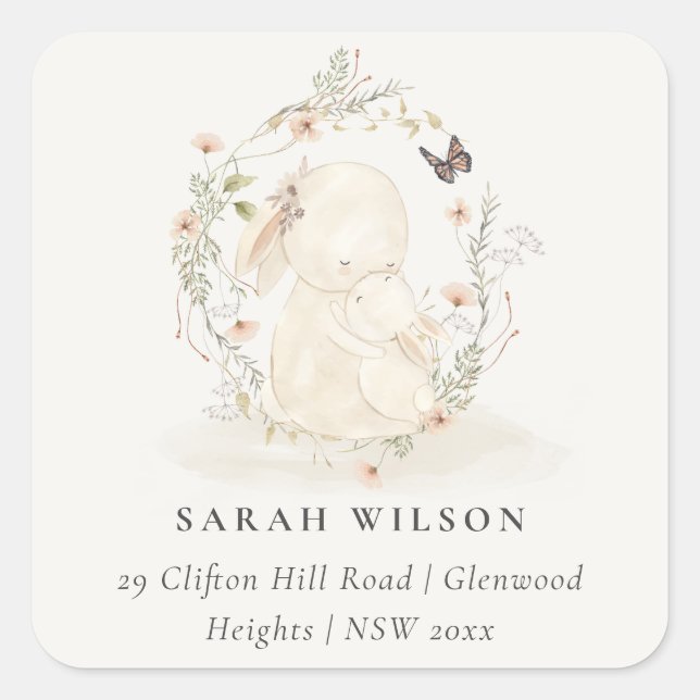 Cute Soft Baby Mum Bunny Floral Wreath Address Square Sticker (Front)