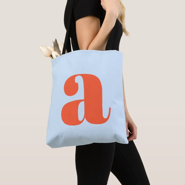 Cute Soft Blue Orange Monogram Retro Lettering Tote Bag (Close Up)