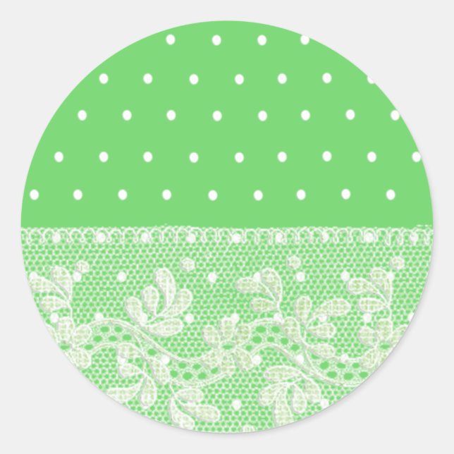 Cute Soft green with white dots and floral lace Classic Round Sticker (Front)
