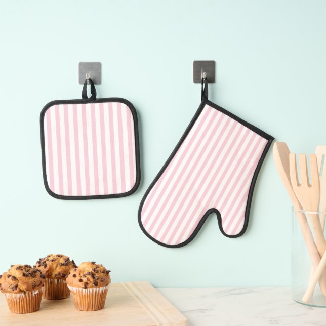Cute Soft Pink and White Striped Oven Mitt & Pot Holder Set (Insitu(Hanging))