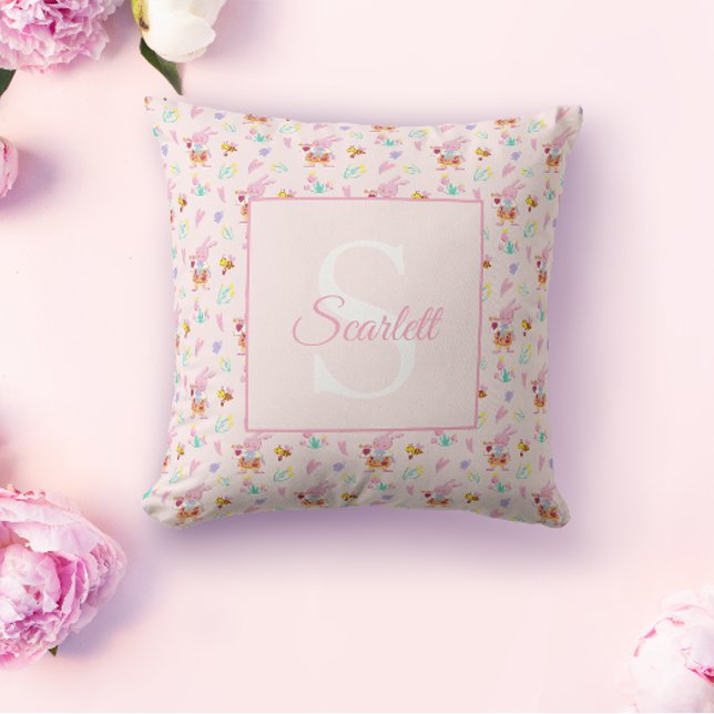 Cute soft pink bunny garden pattern Monogram Name Throw Pillow (Creator Uploaded)