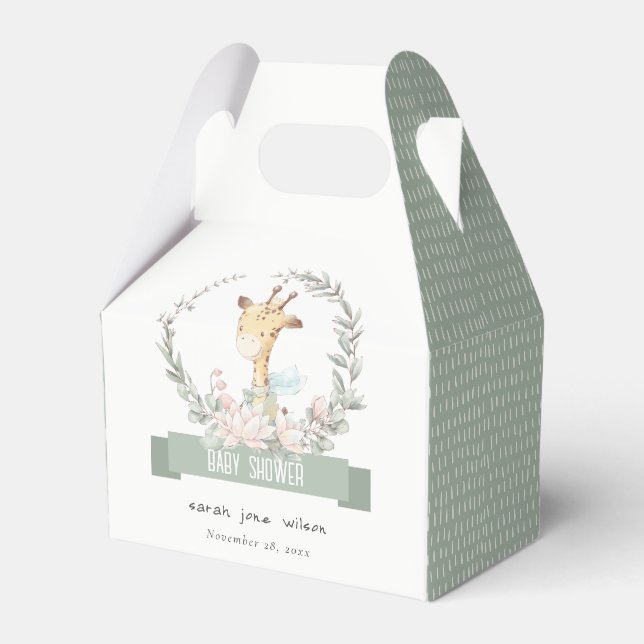 Cute Soft Safari Giraffe Floral Wreath Baby Shower Favor Box (Front Side)