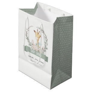 Cute Soft Safari Giraffe Floral Wreath Baby Shower Medium Gift Bag