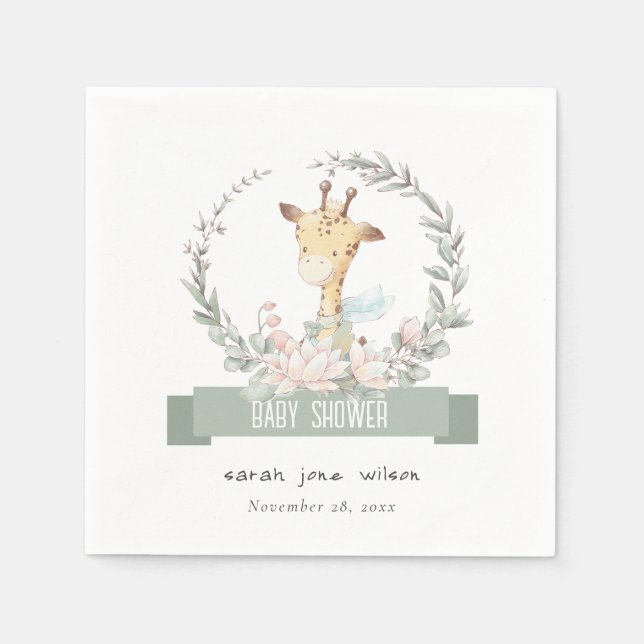 Cute Soft Safari Giraffe Floral Wreath Baby Shower Napkin (Front)