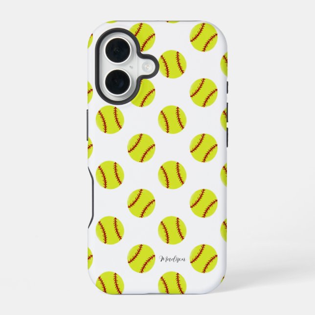 Cute Softball Pattern Personalized Name iPhone 16 Case (Back)
