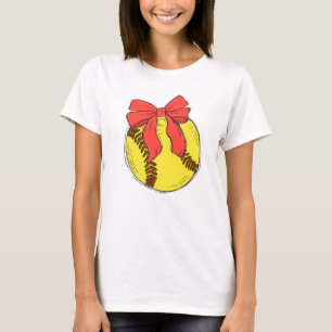 Cute Softball with Red Bow Coquette Design T-Shirt