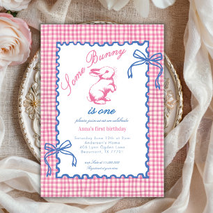Cute Some Bunny Is One Bow Gingham 1st Birthday  Invitation