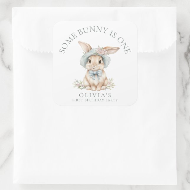 Cute Some Bunny is One Name 1st Birthday Party Square Sticker (Bag)