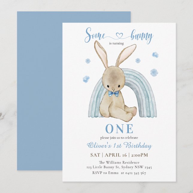Cute Some Bunny Is Turning One Boy First Birthday Invitation (Front/Back)