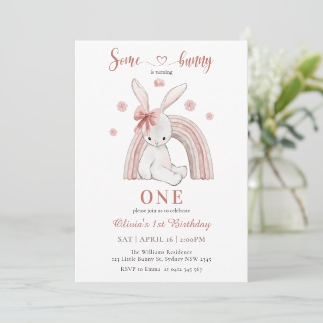 Cute Some Bunny Is Turning One Girl First Birthday Invitation (Standing Front)